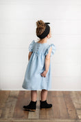 Load image into Gallery viewer, Dress: Girls Dusty Blue Ruffle Bib Swiss Dot Spring Summer Dress