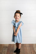 Load image into Gallery viewer, Dress: Girls Dusty Blue Ruffle Bib Swiss Dot Spring Summer Dress