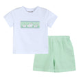 Load image into Gallery viewer, Green Seersucker Shorts and Easter Bunny Smocked Shirt Set