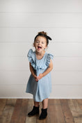 Load image into Gallery viewer, Dress: Girls Dusty Blue Ruffle Bib Swiss Dot Spring Summer Dress