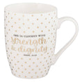 Load image into Gallery viewer, Mug: Strength & Dignity -White with Gold Polka Dots
