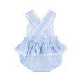 Load image into Gallery viewer, Romper: Light Blue Seersucker Easter Bunny Ruffle Romper
