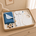 Load image into Gallery viewer, Newborn Bundle: PIMA Set - Up & Away Footie w/Blue Picot Trim, Reversible Blue Blanket, Bib & Teether