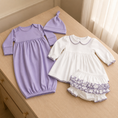 Load image into Gallery viewer, 100% PIMA Cotton Ruffle Dress/Bloomer Set + Lavender Gown/Hat (Lavender Picot Trim)