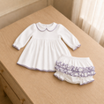 Load image into Gallery viewer, 100% PIMA Cotton Ruffle Dress/Bloomer Set + Lavender Gown/Hat (Lavender Picot Trim)
