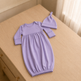 Load image into Gallery viewer, 100% PIMA Cotton Ruffle Dress/Bloomer Set + Lavender Gown/Hat (Lavender Picot Trim)