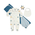 Load image into Gallery viewer, 100% PIMA Cotton Boys Collared Footie SET: Up, Up & Away Footie w/Blue Picot Trim, Reversible Blue Blanket and Bib, Teether