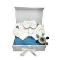 Load image into Gallery viewer, 100% PIMA Cotton Boys Collared Footie SET: Up, Up & Away Footie w/Blue Picot Trim, Reversible Blue Blanket and Bib, Teether