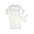 Load image into Gallery viewer, 100% PIMA Cotton Newborn Pleated Gown & Hat Set: White with Lavender Picot (0-6 months)