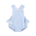 Load image into Gallery viewer, Romper: Light Blue Seersucker Easter Bunny Ruffle Romper