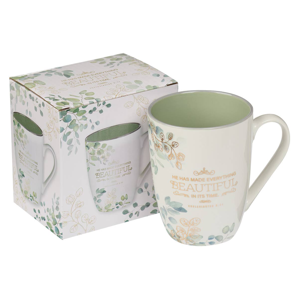 Mug: White/Green Leaves (Everything Beautiful Eccl. 3:11)