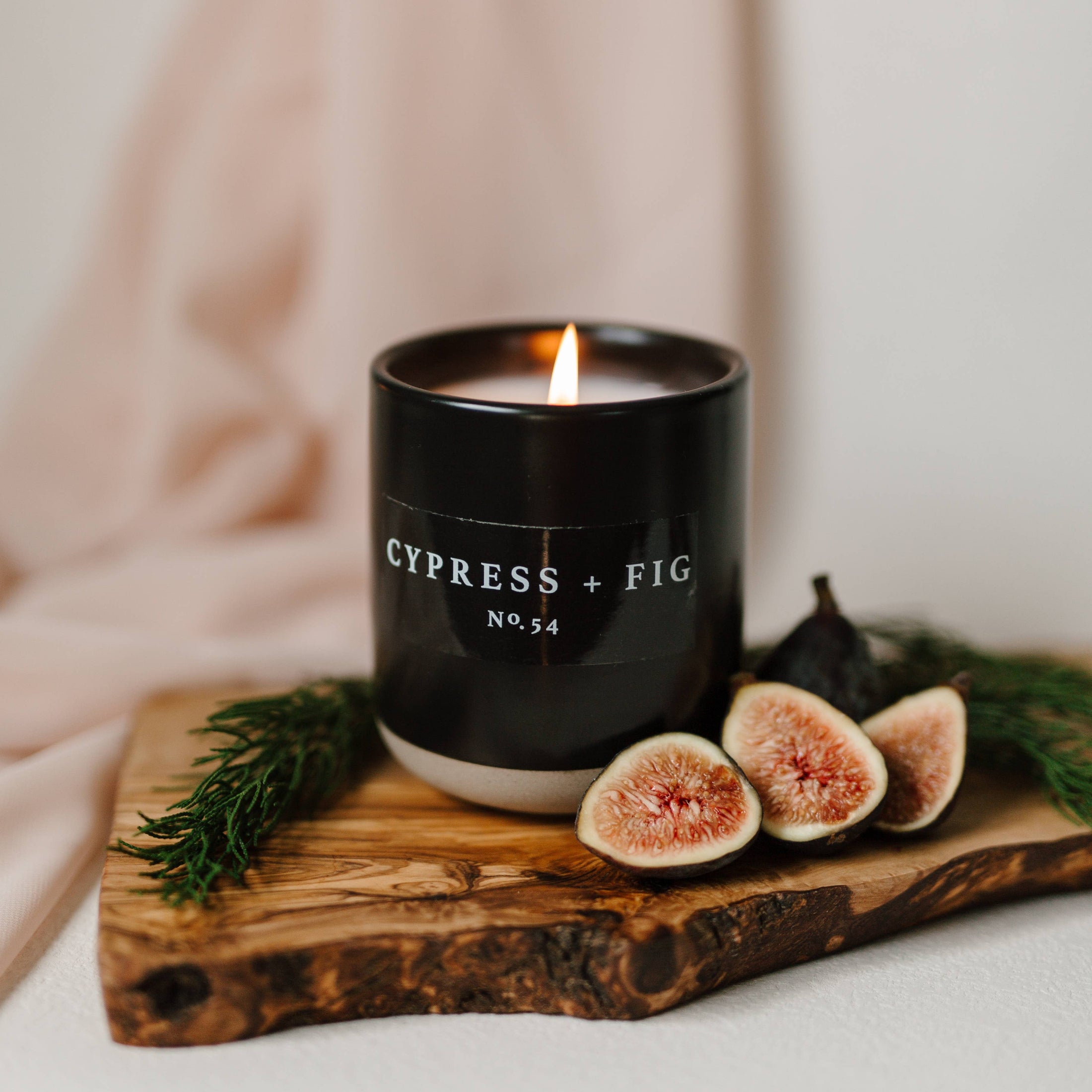 Candle: Cypress and Fig Soy Candle - Black Stoneware Jar - 12 oz