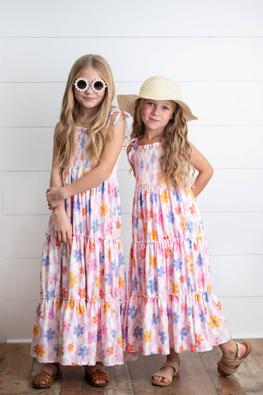 Dress: Girls Pink Retro Daisy Tiered Spring Summer Maxi Dress