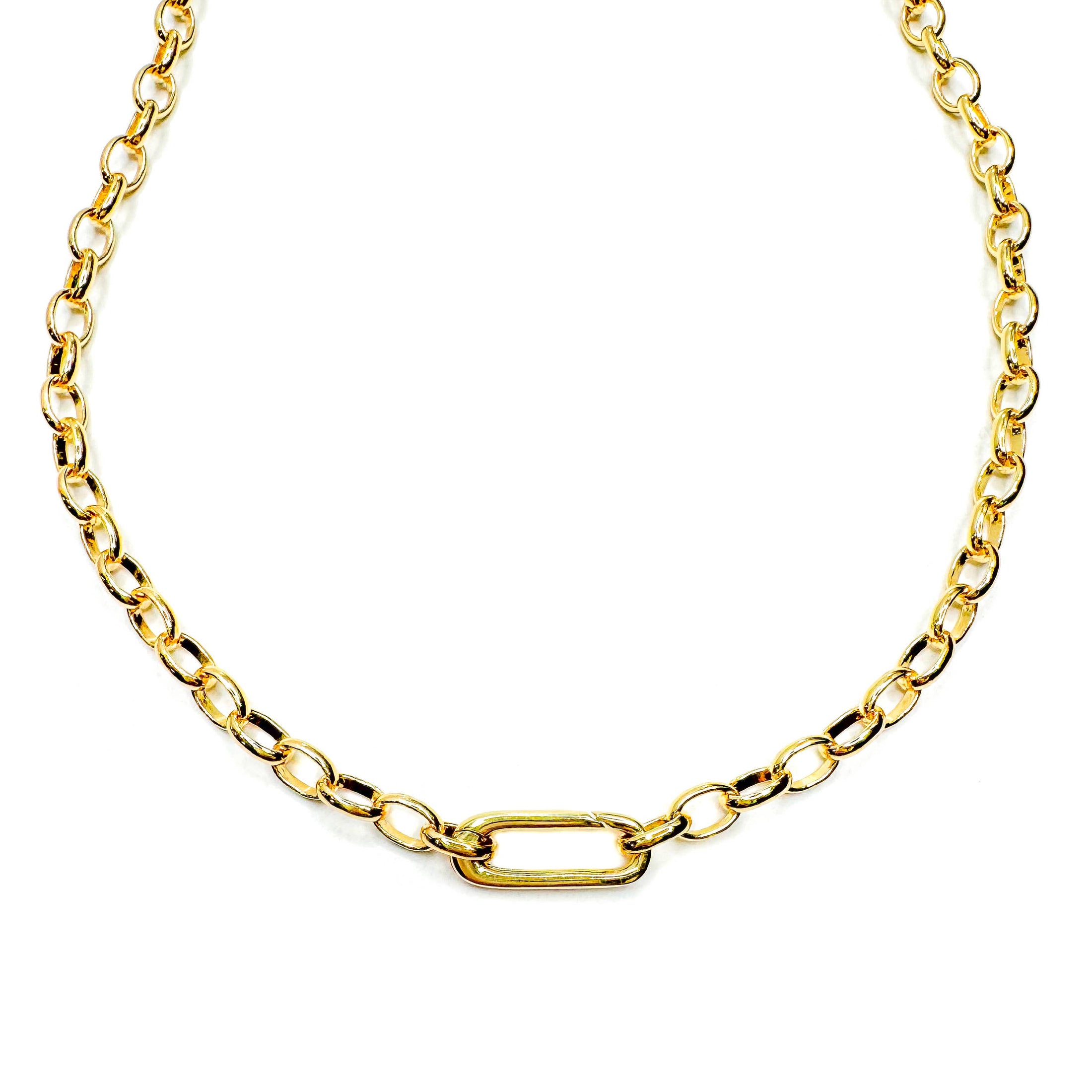 Necklace: Smooth Gold Carabiner Clasp Oval Chain Charm Necklace