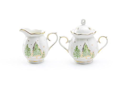 Christmas Pine Trees Fine Porcelain Sugar and Creamer Set