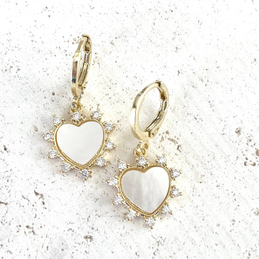 Earrings: Drop Hearts with Crystal Spikes - Mother of Pearl