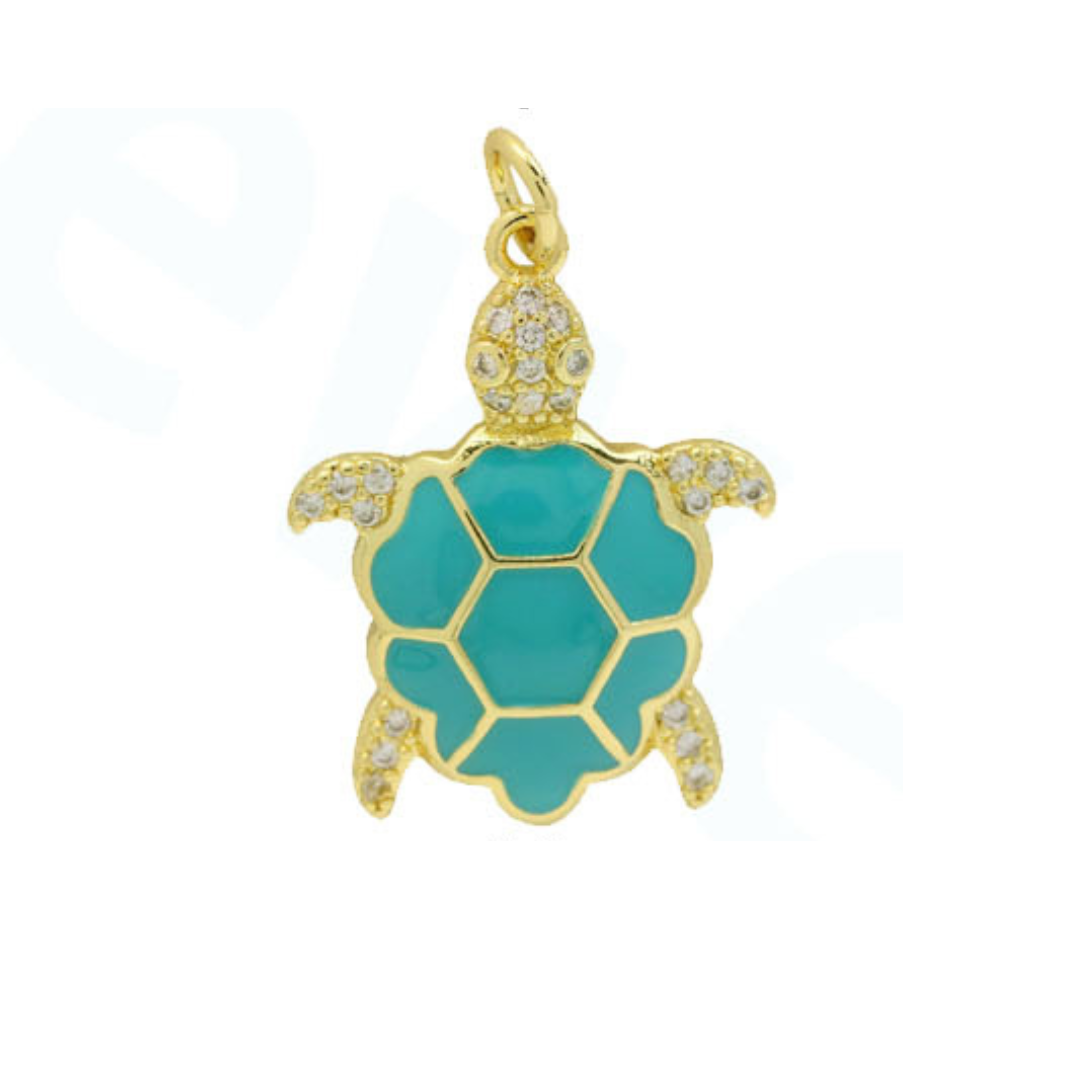 Charm: Turquoise CZ Sea Turtle Charm For Charm Necklace & Bracelet