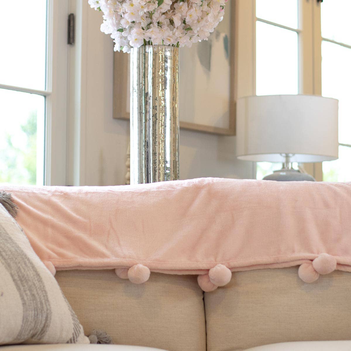 Blanket: Cozy Pom Pom Throw in Light Pink