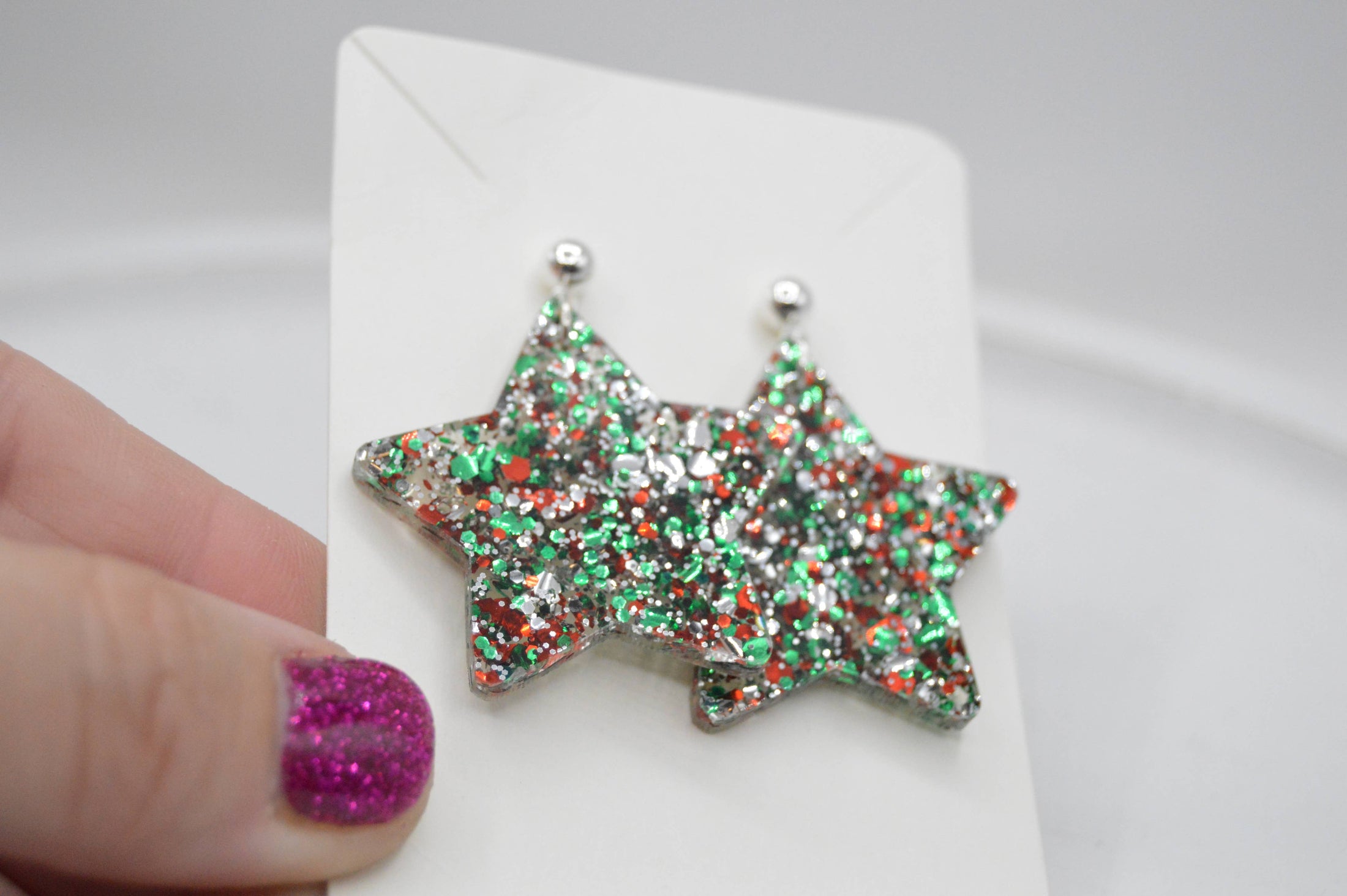 Earrings: Christmas Star Acrylic Earrings, Glitter, Sparkly, Confetti