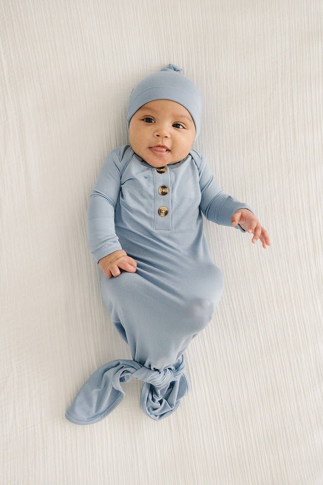 Knotted Baby Gown + Hat: Vintage Dusty Blue (Newborn/Bamboo)