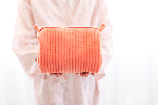 Pouch: Velvet & Block Print Cosmetic Pouch (Coral)