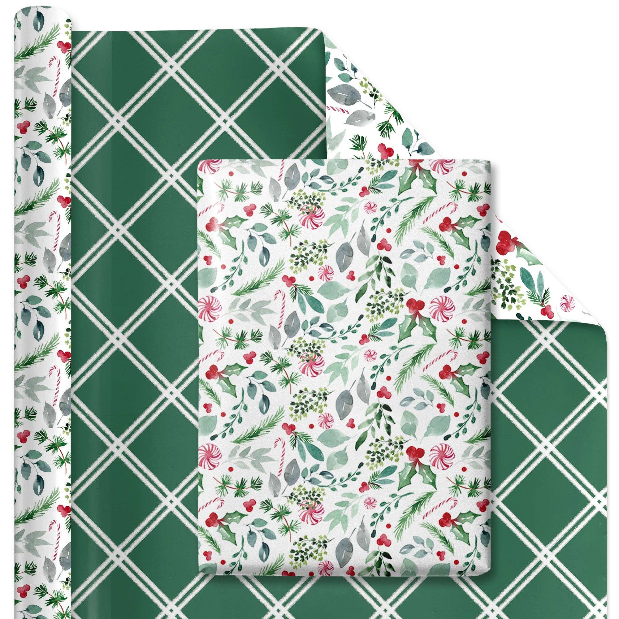 Gift Wrap: Reversible Holiday, Watercolor Holly & Lattice