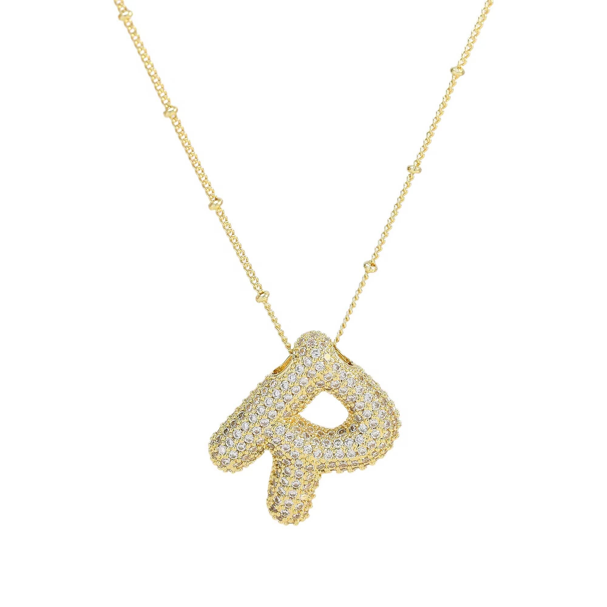 Necklace: Initial CZ Balloon Bubble 18K Gold Necklace