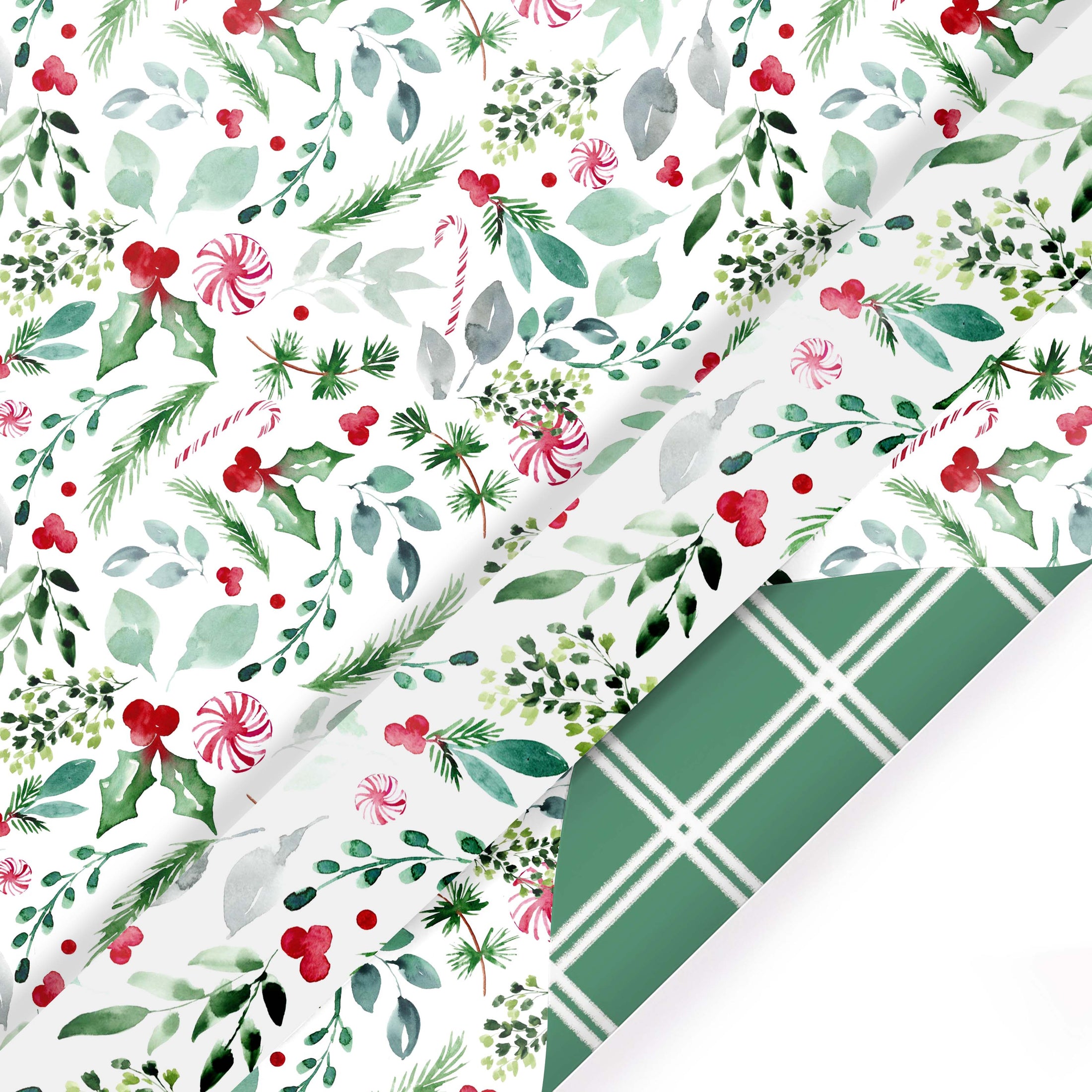Gift Wrap: Reversible Holiday, Watercolor Holly & Lattice