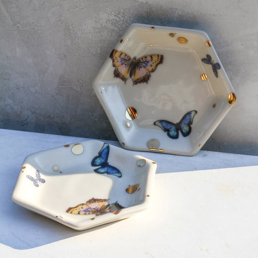 Trinket Tray: Hexagon Butterfly Tray | Jewelry Dish | Handmade with Gold