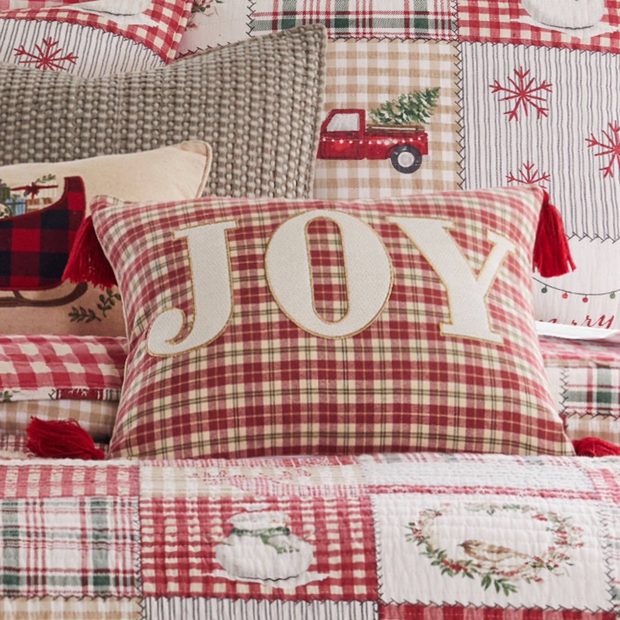 Pillow: Home For Christmas Joy Plaid Pillow 14x18