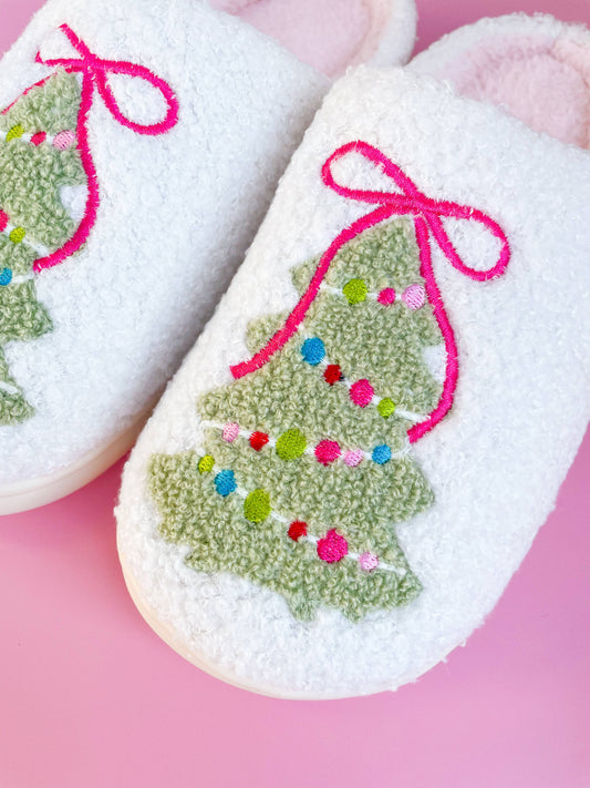 Pink Bow Christmas Tree Slippers