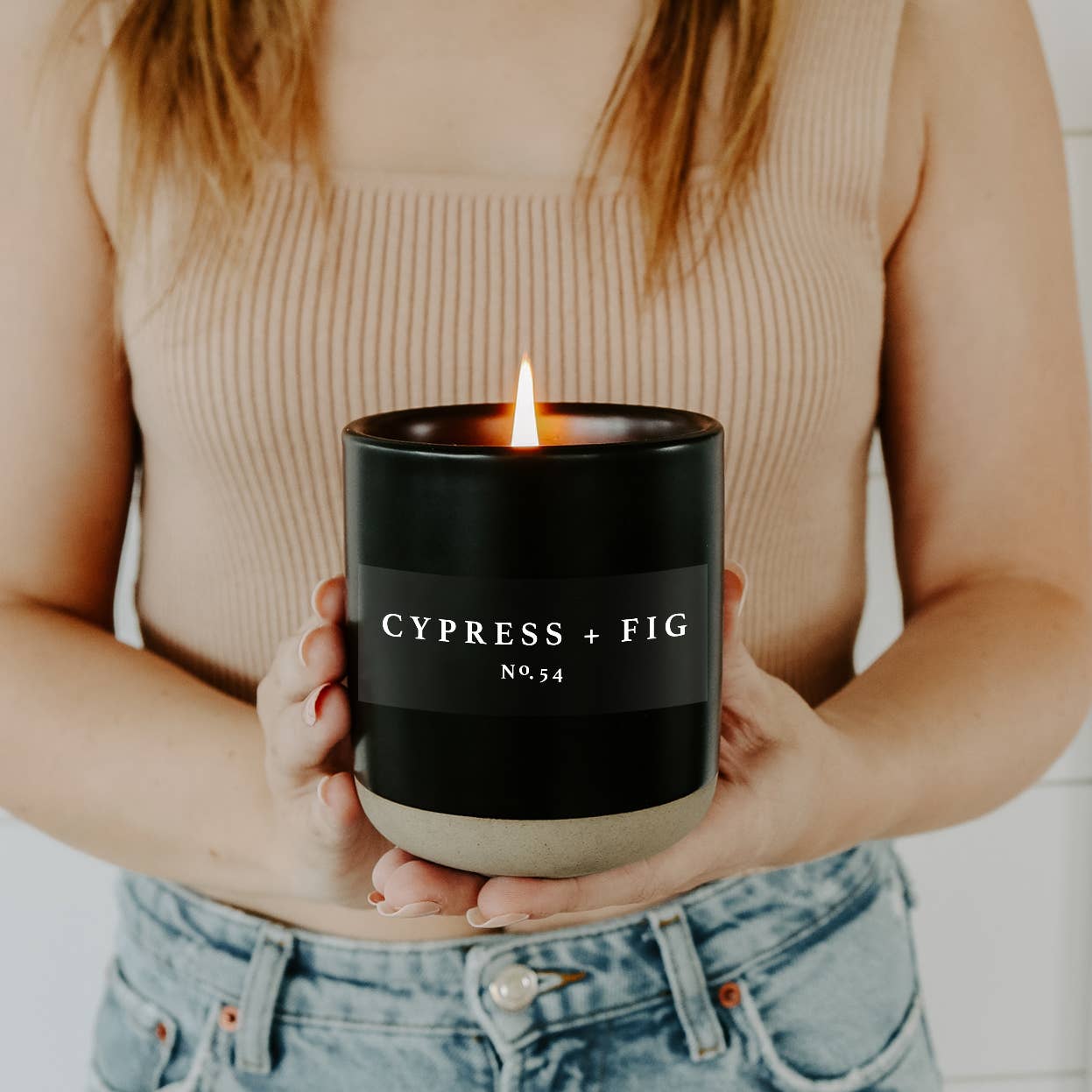 Candle: Cypress and Fig Soy Candle - Black Stoneware Jar - 12 oz