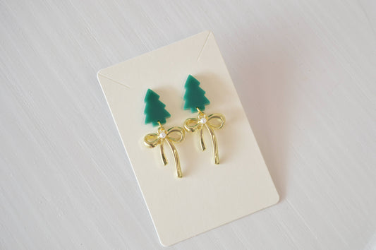 Earrings: Christmas Tree Stud Earrings With Dangle Bow