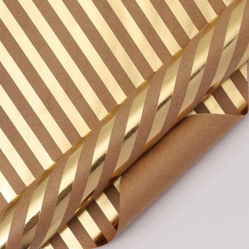 Gift Wrap: 17" x 33' Mini | Kraft w/ Gold Metallic Diagonal Stripe
