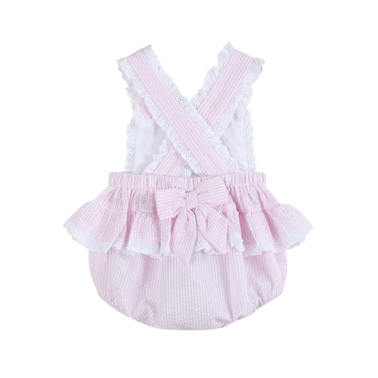 Romper: Pink Seersucker Easter Bunny Ruffle Romper