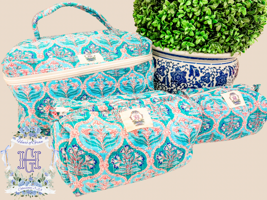 Blue Trellis Dream Quilted Cosmetic Bag (Set of 3)