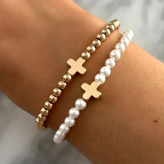 Bracelet: Gold Beaded with Cross (18k Gold-Plated Beads)