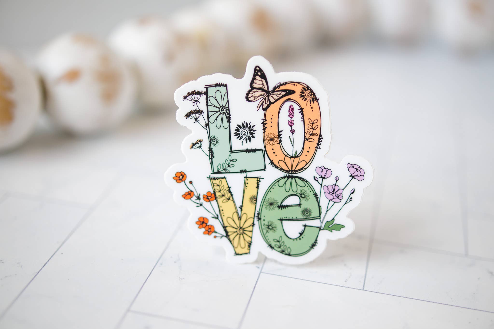 Sticker: LOVE, Floral With Butterfly, Vinyl Sticker, 3x3 in.