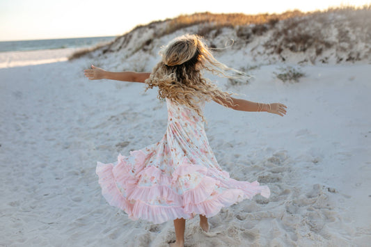 Dress: Girls Blush Floral Flutter Sleeve Ruffles Spring Dress