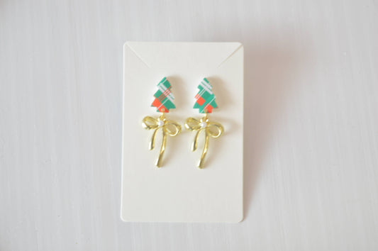 Earrings: Christmas Tree Stud Earrings With Dangle Bow