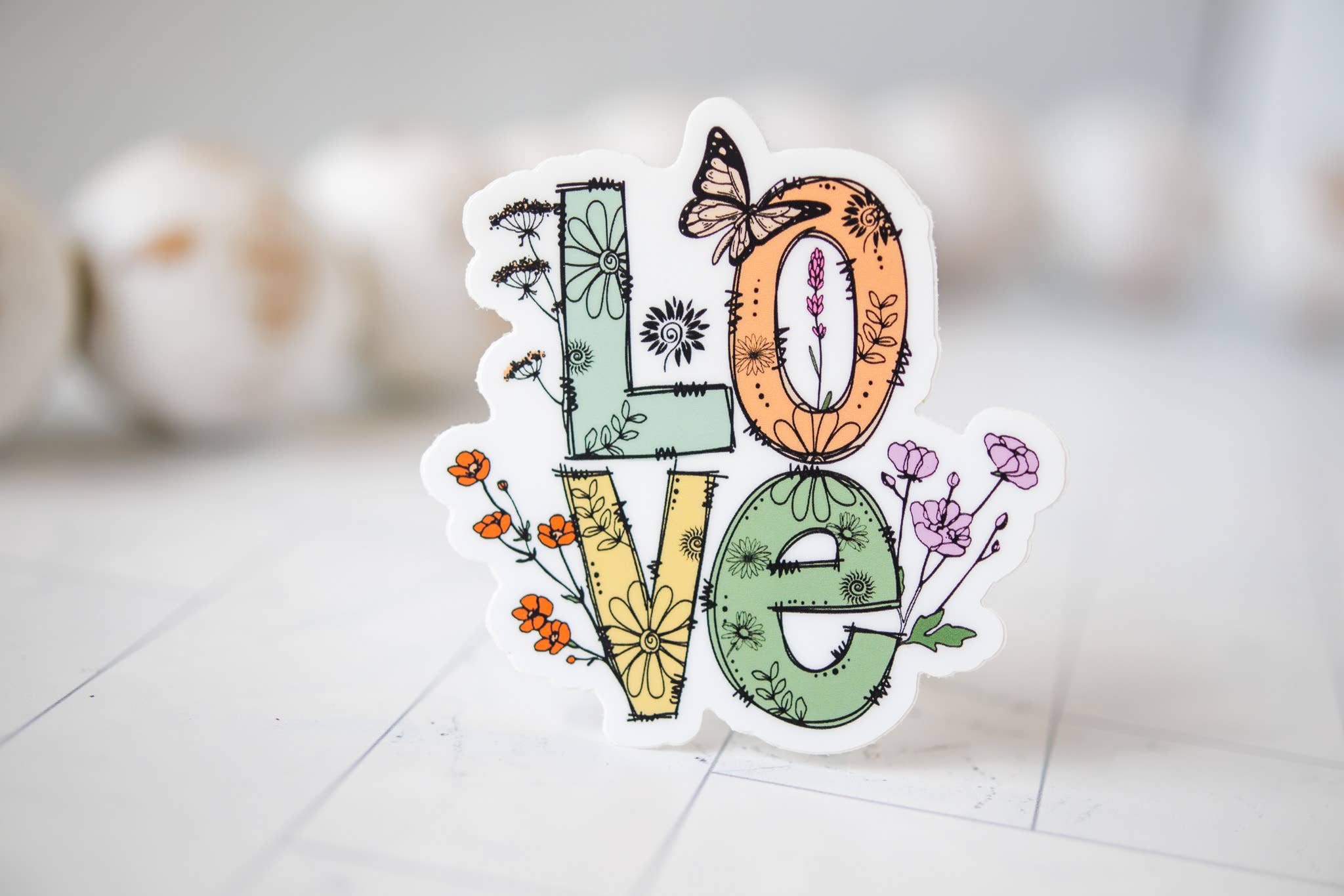 Sticker: LOVE, Floral With Butterfly, Vinyl Sticker, 3x3 in.