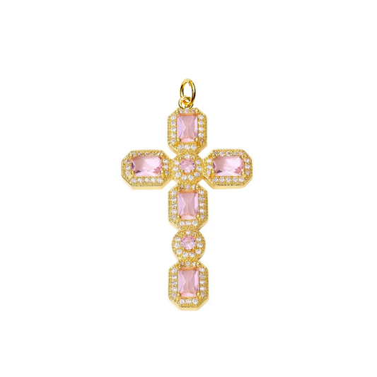 Charm: Pink Zircon Cross Charm For Charm Necklace & Bracelet