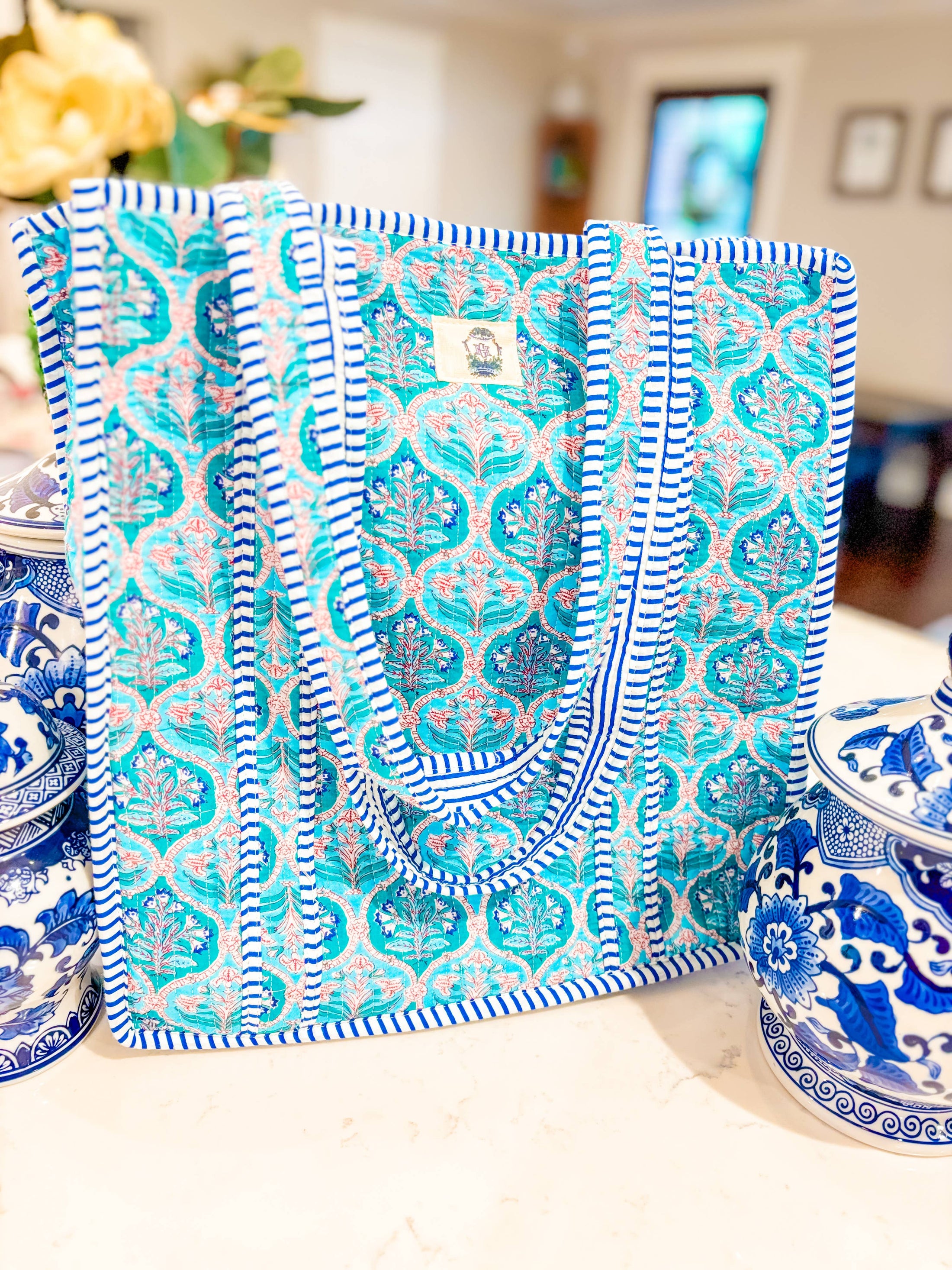 Blue Trellis Dream | Regular Quilted Tote Bag