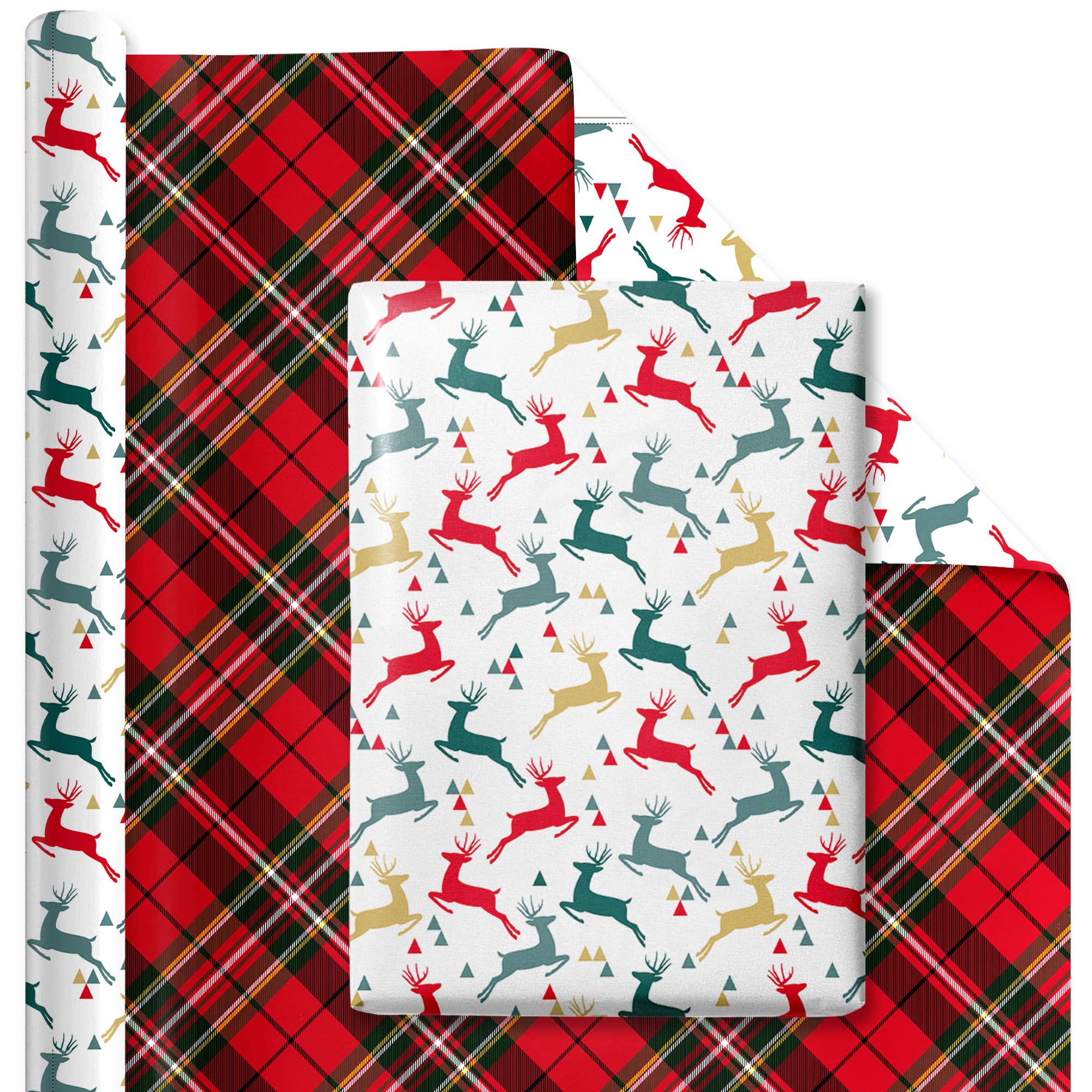 Gift Wrap: 24" x 16' Reversible Holiday | Prancing Deer/Plaid