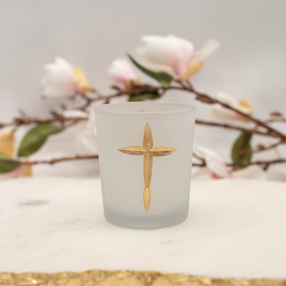 Votive Holder: Frosted Glass with Gold Cross