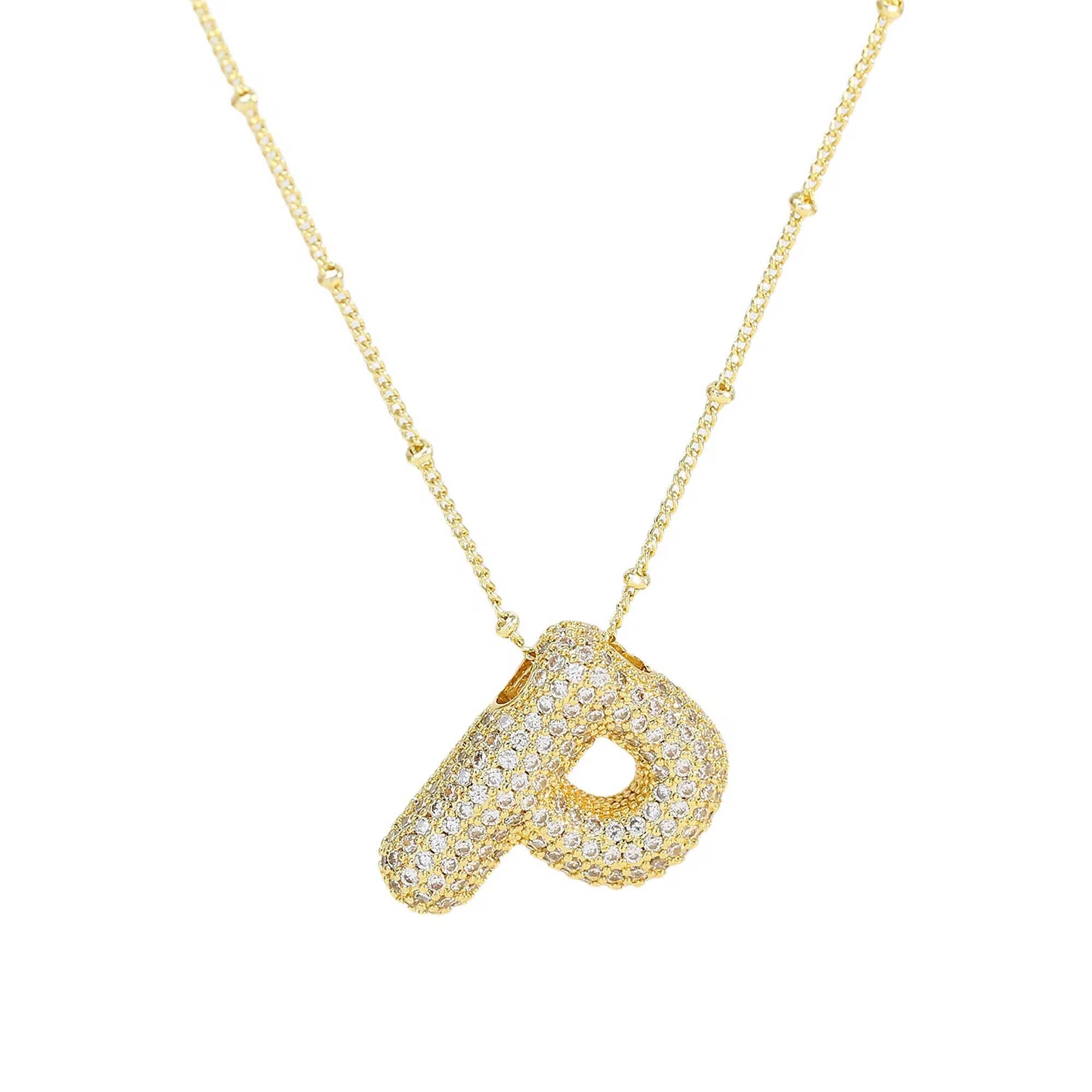 Necklace: Initial CZ Balloon Bubble 18K Gold Necklace