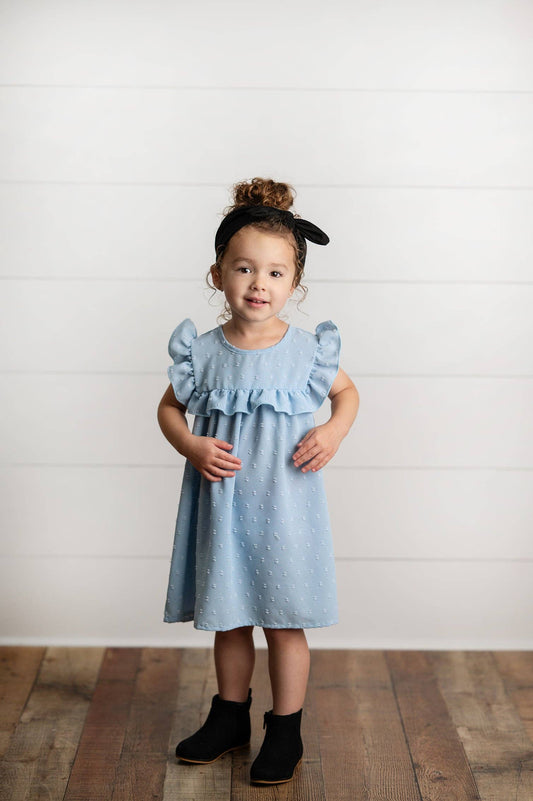 Dress: Girls Dusty Blue Ruffle Bib Swiss Dot Spring Summer Dress