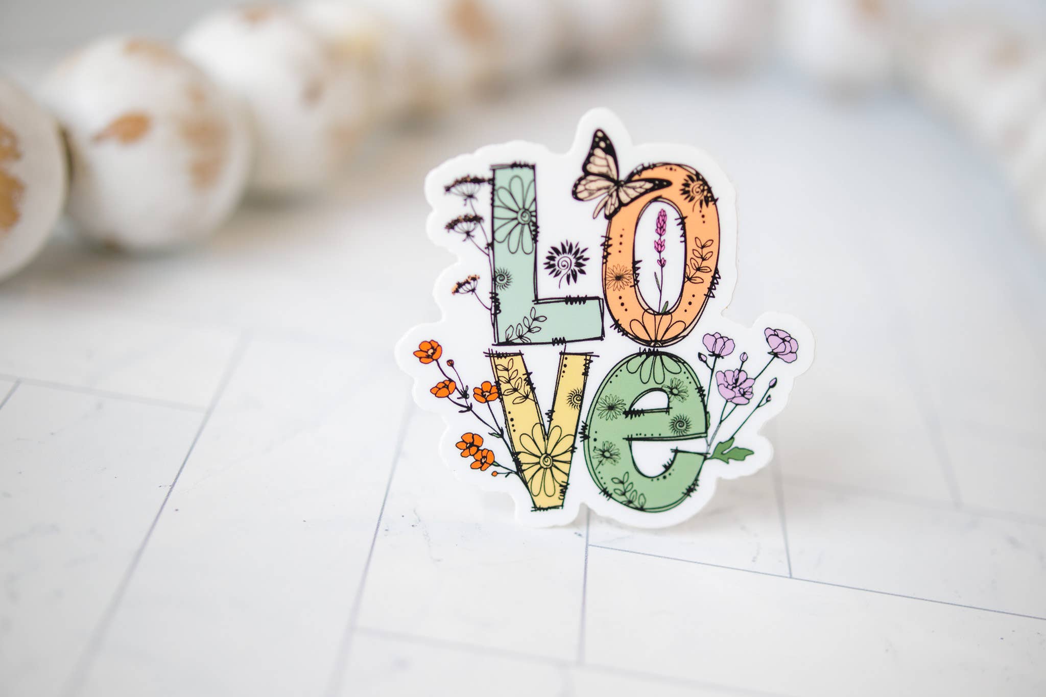 Sticker: LOVE, Floral With Butterfly, Vinyl Sticker, 3x3 in.