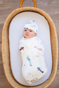 Load image into Gallery viewer, Vintage Airplane Swaddle Blanket: Bamboo Stretch: Swaddle + Knot Hat
