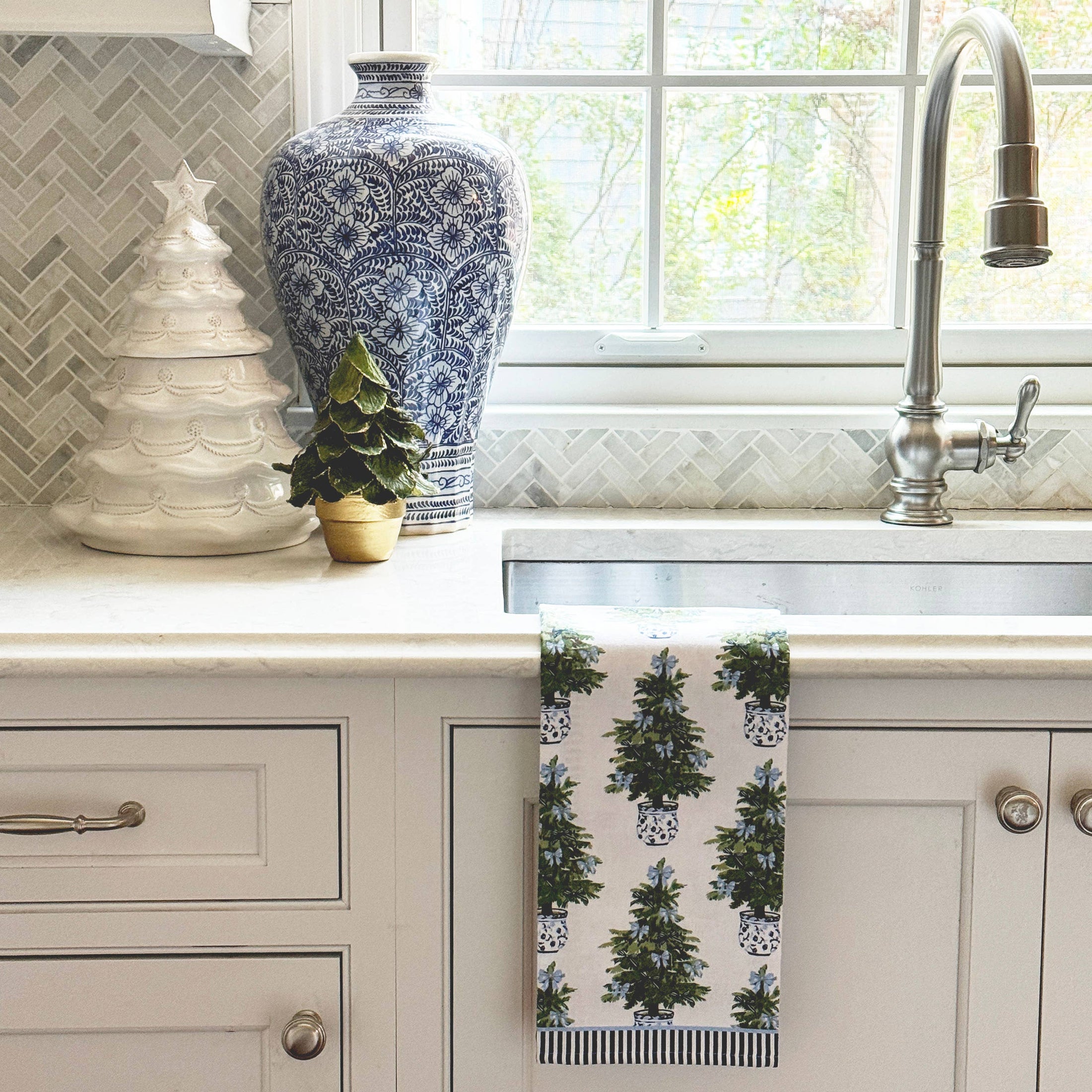 Tea Towel: Blue Bows Christmas Trees